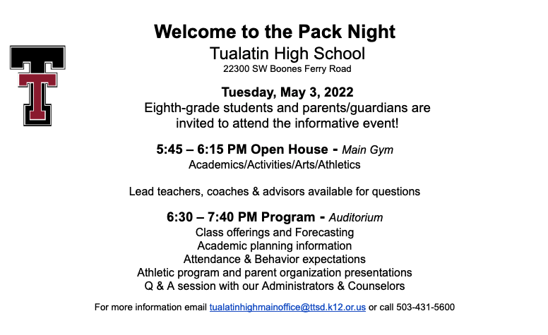 TuHS_Wolves's tweet photo. Welcome to the Pack Night for incoming 9th grade students and families- Tuesday, May 3, 5:45pm- Large Gym https://t.co/6ANX0vohCT