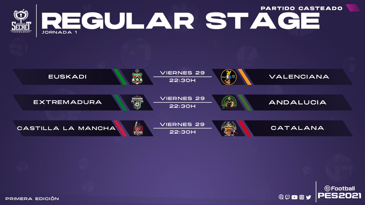 #SecretPES #PES2021 

¡Todo preparado para que comience la primera jornada de nuestro torneo de Efootball PES 2021⚽️!

Estos son los enfrentamientos 👇:

🆚️ | <a href="/EuskalPes/">Euskal Selekzioa PES</a> - @SelCValenciana
🆚️ | #Extremadura - <a href="/Andalucia10vs10/">Pes - Selección Andaluza 10vs10</a>
🆚️ | @CLMpes10vs10 - <a href="/SelCatPes/">Selección Catalana #PES</a>