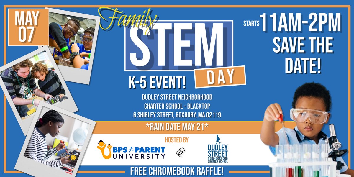 Join us for Family STEM Day next Saturday, May 7 at Dudley Street School! Open to all families with K-5 grade students, this outdoor event will have several hands-on STEM activities as well as a raffle prize!

Register today!
ow.ly/Oq1k50IW7QL