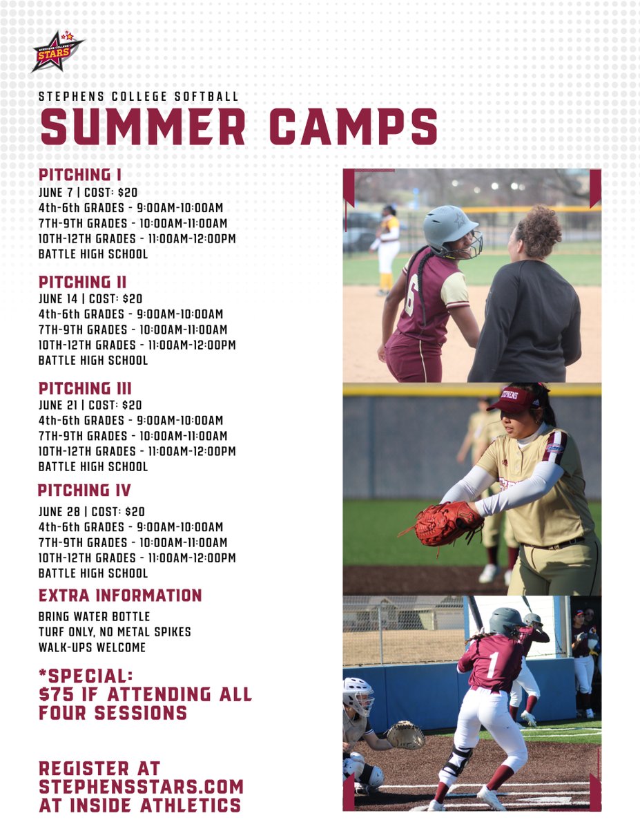 Sign up now for our Stephens Stars Softball Pitching Camps!!

bit.ly/3KqANZL