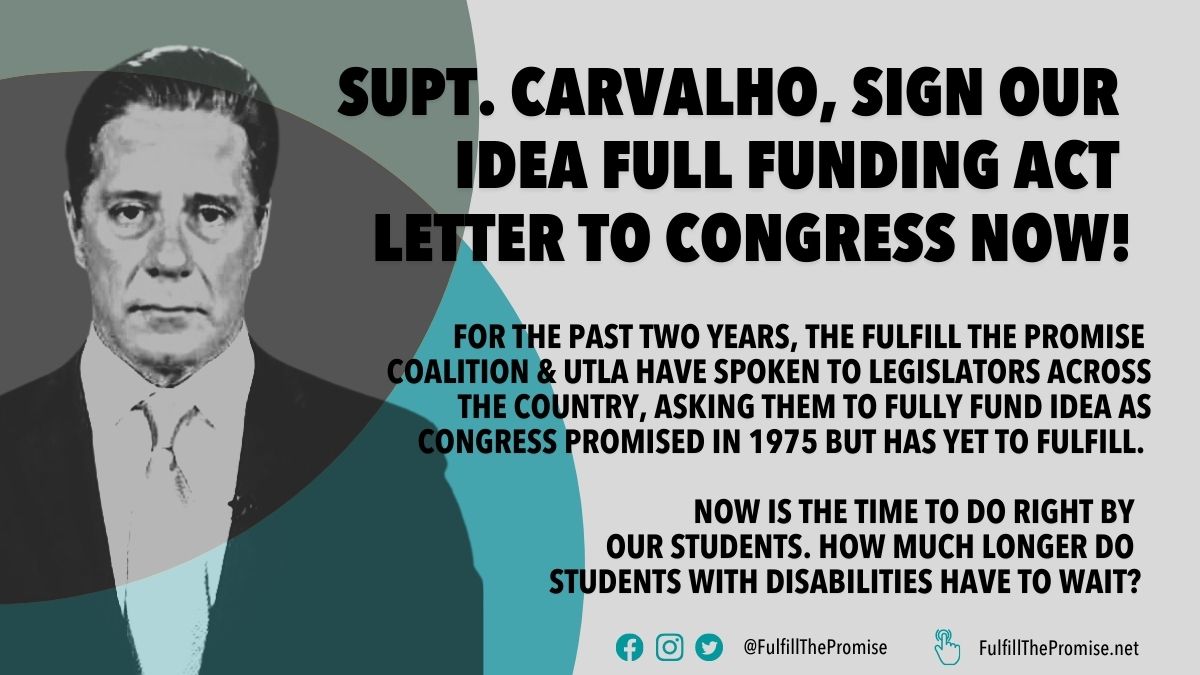 PromiseFulfill's tweet photo. 📢The #FulfillThePromise coalition &amp; @UTLANow call on @LAUSDSup to sign our letter asking Congress to fully fund #IDEA➡️https://t.co/vT9tMnftmp as it promised to do in 1975. Now is the time to do right by our students. How much longer do #studentswithdisabilities have to wait? https://t.co/WNBpu4DRxz
