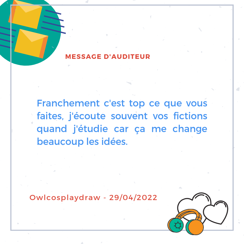TeamJavras's tweet photo. 💌📬 Toujours un plaisir et un gain de motivation quand on recoit ce genre de retour ! Merci à toi, Owlcosplaydraw ! 😘❤️
#Auditeur #Podcast #PodcastFr #SagaMP3 #FictionAudio #Spotify #RT #Youtube #Rss #fluxRSS #Itunes #PodcastAddict #parodie #Gratuit #Sagasphere https://t.co/rySu6Wktlr