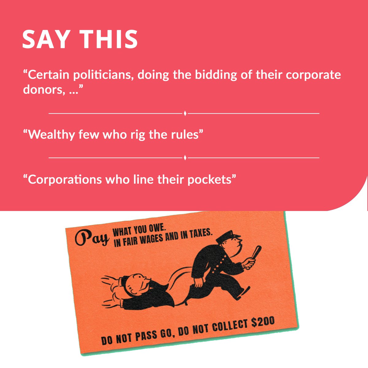 WMTFAction's tweet photo. Every Monday morning through Election Day in November, you’ll find an up-to-date snippet of guidance in your feed that shows how to message effectively on an issue relating to current events & politics.
This week: Highlight the motivation behind the actions of our opposition. https://t.co/4o12bc9KpT