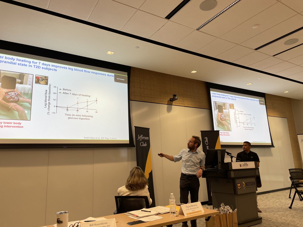 CAFNRDean's tweet photo. Enjoyed presenting to the #Mizzou Jefferson Club trustees this afternoon! Dr. Jaume Padilla from @MizzouNEPRes and undergrad student Juan Gonzalez joined me in giving an update on CAFNR and NextGen, and how we fit together in creating a healthy world! #DrivetoDistinction https://t.co/qLBOAjPwQw