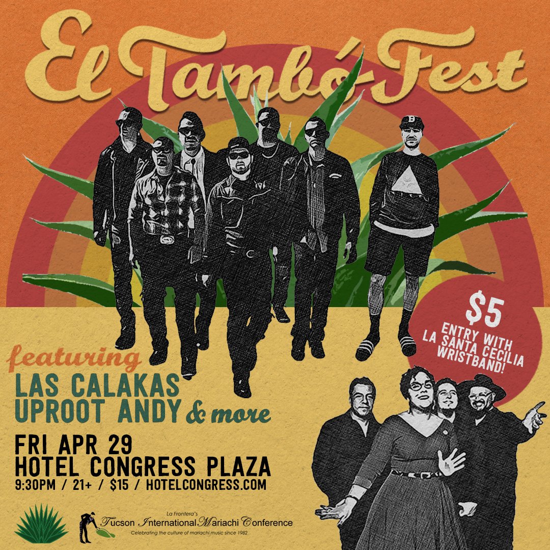 KXCIofficial's tweet image. See u tonight @eltambotucson Fest wknd one! FRI 4/29 &amp;amp;FRI 5/06 @hotelcongress plaza. Enjoy cumbia bands from across the borderlands &amp;amp; DJs from across the nation. @uprootandy, @lascalakas, &amp;amp; more! @lasantacecilia 4/29 @therialtotucson. Ticket stub can be used for $5 entry to fest!