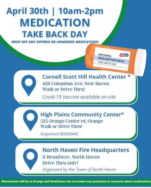 NHVPublicHealth's tweet photo. Saturday is #MedicationTakeBackDay! Return any unneeded or #expiredmedications to the above locations. They will properly dispose of them and offer resources on misuse of leftover #prescriptionmedications. https://t.co/cAtWovLp4g