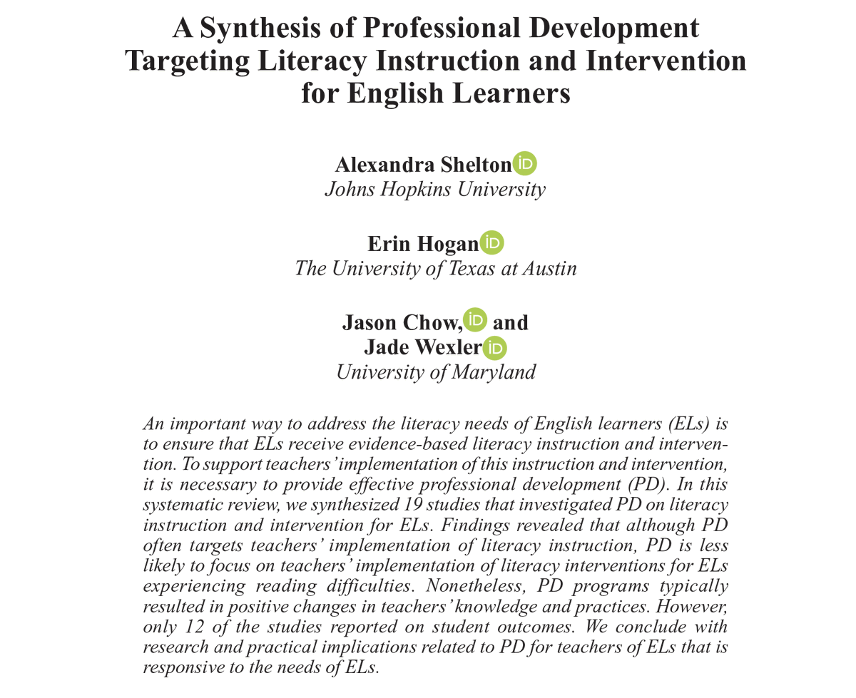 JasonChow's tweet photo. New review lead by @AlexLizShelton: Across 19 studies on #literacy #PD for #ELs, we find overall positive effects on knowledge &amp; practices; gaps include ELs w/reading difficulties &amp; reporting student outcomes

Preprint: https://t.co/BHjWKqMGKC
Link: https://t.co/QKi9csXEGa https://t.co/jleSNcFrS0