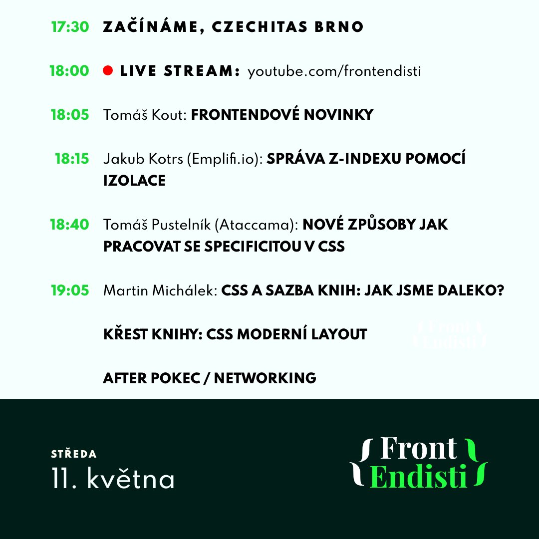 Frontendisti's tweet photo. Máj, lásky čas a s ním i naše láska k CSSku.❤️

Přijďte si poslechnout vystylované přednášky a nenechte si ujít křest knihy "CSS moderní layout".🥳

📆 Už ve středu 11. 5. v prostorách Czechitas v Brně!
https://t.co/oVEFtsYuRo https://t.co/GS2fTFVct2