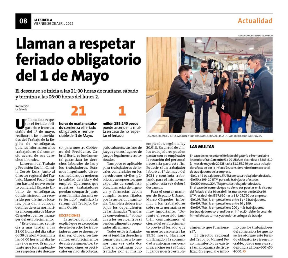 🗞PRENSA| Conoce detalles del feriado obligatorio e irrenunciable del 1° de Mayo para trabajadores del comercio. Revisa la publicación de hoy en los diarios La Estrella de #Antofagasta #Tocopilla y del #Loa donde seremi <a href="/Cami__CR/">Cami Cortés R.</a> y <a href="/DirecDelTrabajo/">Dirección del Trabajo</a> llaman a respetar el descanso🙌