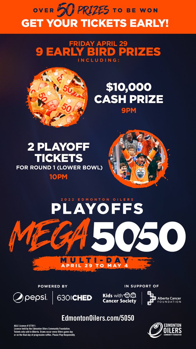 The Mega Multi-Day 50/50 is back, and we are thrilled to be one of the beneficiaries! Purchase your 50/50 tickets today: ow.ly/3Vkh50IW3UC We have an incredible community who stand behind our brave and resilient kids! Thank you! @EdmontonOilers and @Oil_Foundation