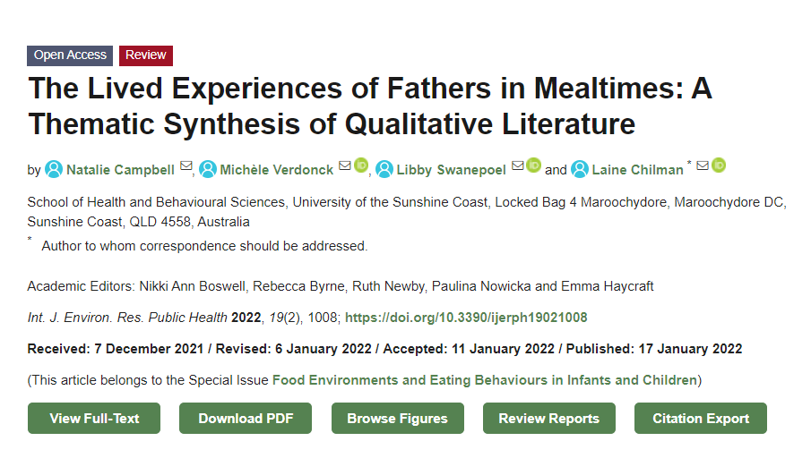 OTtechnogeek's tweet photo. Proud of our publication - @usceduau with #OccupationalTherapy student Natalie Campbell &amp; @LaineChilman @LibbySwanepoel  @ResearchUSC_AU. This #metasynthesis features #fathers experiences of #mealtimes including #fussyeating  #pickyeating download for free https://t.co/QrPmLdIOd5 https://t.co/dPpOnq4RWv