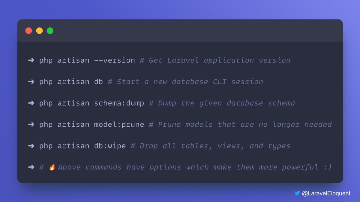 #Laravel #Eloquent Tips:

These are some quick commands that #Laravel provides you out of the box, each of them has options that enable you more control. 

For more details: github.com/illuminate/dat…

#Laravel #Database #PHP
