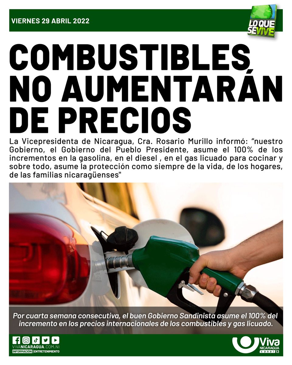 #NoticiaDelDía 📸 🗞
➡ Por cuarta semana consecutiva, el buen Gobierno Sandinista asume el 100% del incremento en los precios internacionales de los combustibles y gas licuado.

vivanicaragua.com.ni