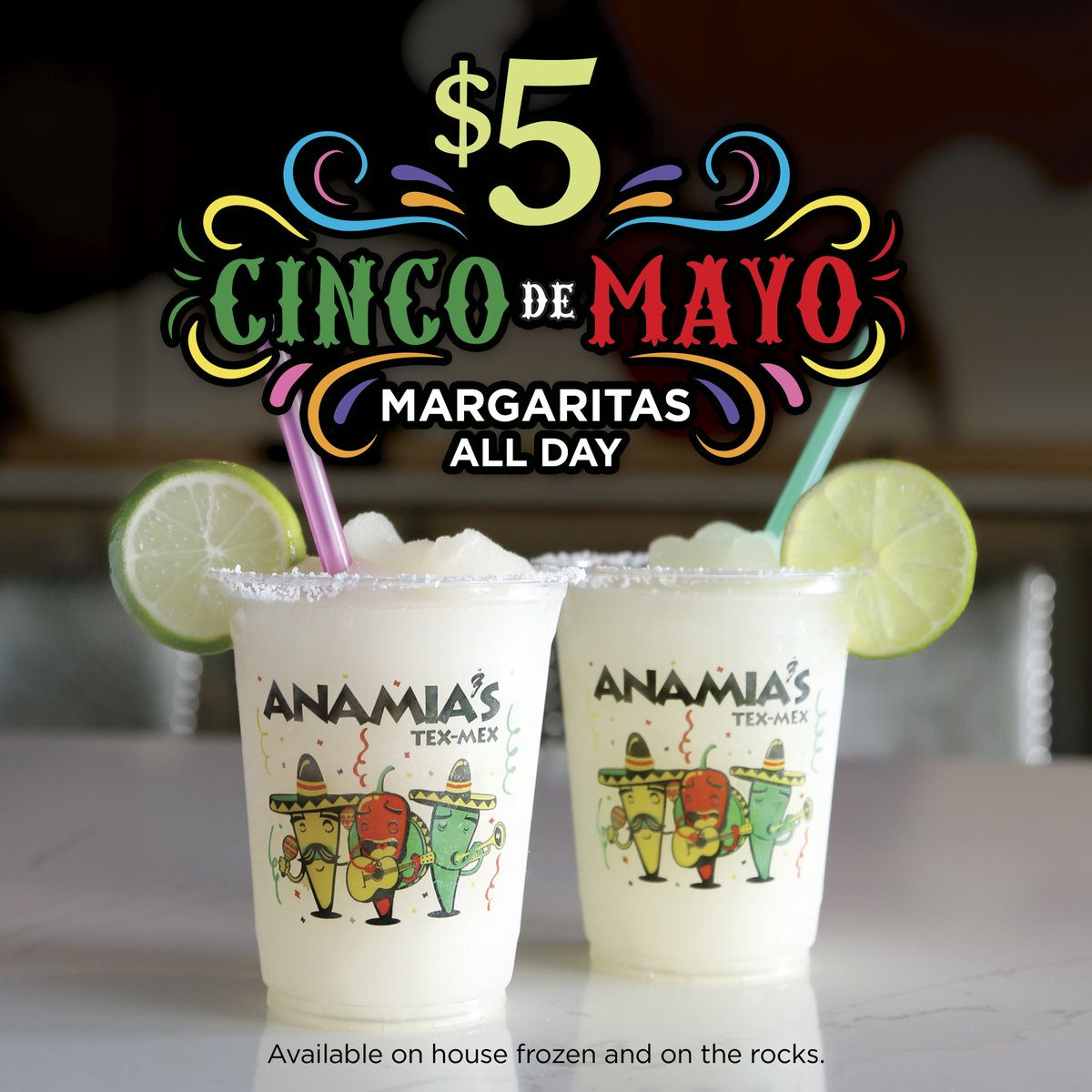 Come celebrate this coming Thursday, Cinco de Mayo with $5 Anamia's, house frozen or on the rocks margaritas! 💚 🤍 ❤️ No to-go orders, please.  🎉 🎊
.
.
.
.
#cincodemayo #margaritafest #texmexcinco #cincodrinkspecial #ilovetexmex #cincocelebration #margaritas