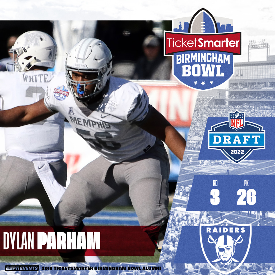 Birmingham Bowl on Twitter: 'In the third round with the 26th pick in the  2022 NFL Draft, the @Raiders select 2018 @TicketSmarter Birmingham Bowl and  @MemphisFB player Dylan Parham! Good luck in