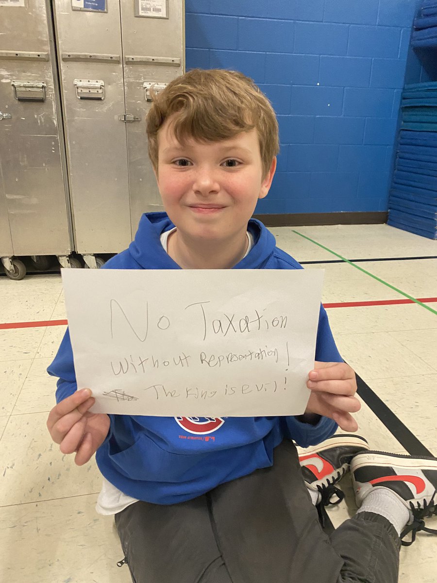 TeachMsErickson's tweet photo. After studying the tensions that led up to the American Revolution, King George III came to visit. He taxed the colonists for crazy things, they protested, boycotted his goods, chanted “No Taxation Without Representation”. The King was VERY unhappy with the colonists! #dg58pride https://t.co/RrRNuurWTb