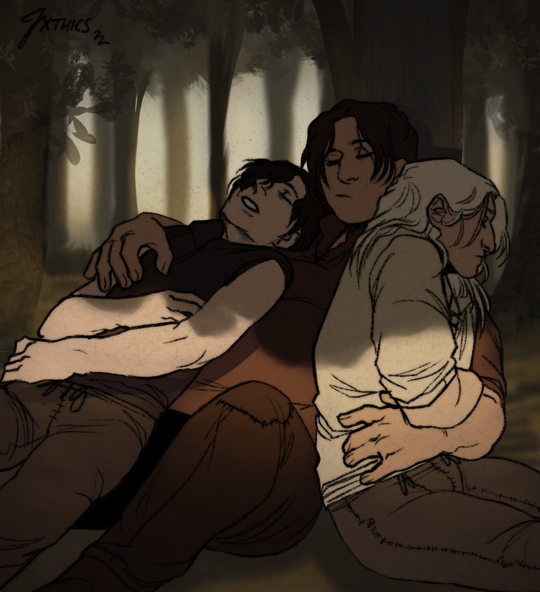 left to right: childhood versions of lambert, eskel, and geralt, laying under a tree in midday sun. geralt and lambert are leaning on eskel, who is leaning against a tree trunk. all three are asleep.