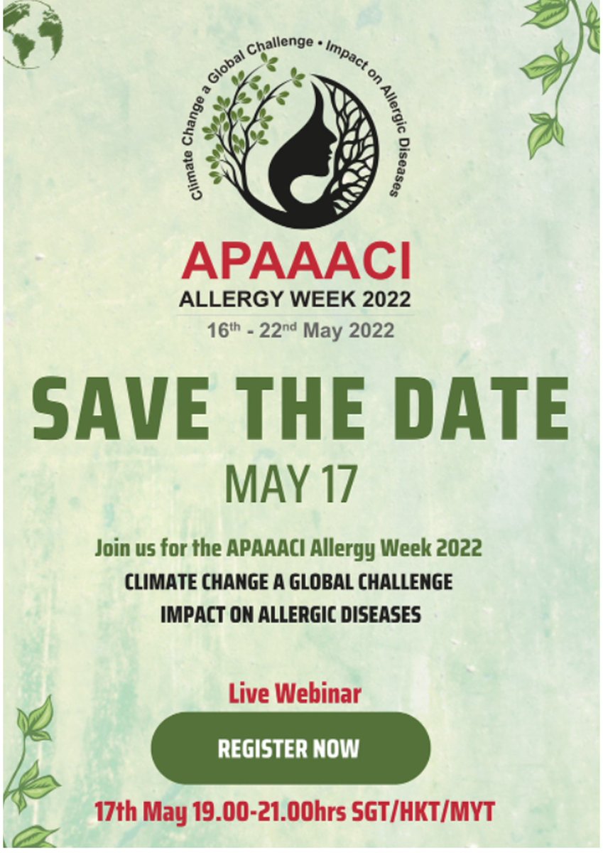 📣APAAACI will be organizing the APAAACI Allergy Week 2022 with the theme ‘Climate change a global challenge: impact on allergic diseases beyond the pandemic’ in the week from May 16-22, 2022
▶️Webinar Registration here: zoom.us/webinar/regist…