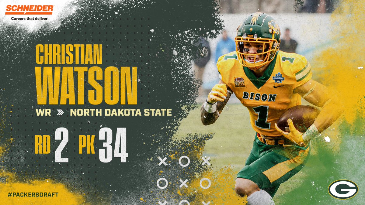 With the 34th pick in the 2022 #NFLDraft, the #Packers select North Dakota State WR Christian Watson!
  
#PackersDraft | @SchneiderCareer