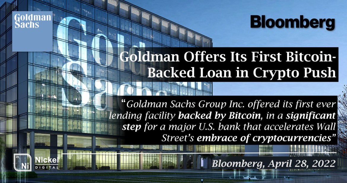 Enters GS. Just a month after Goldman Sachs completed its first crypto OTC trade, the firm is again in the headlines, now pioneering lending secured by Bitcoin. As always Goldman leads the Wall Street adoption wave! ✊