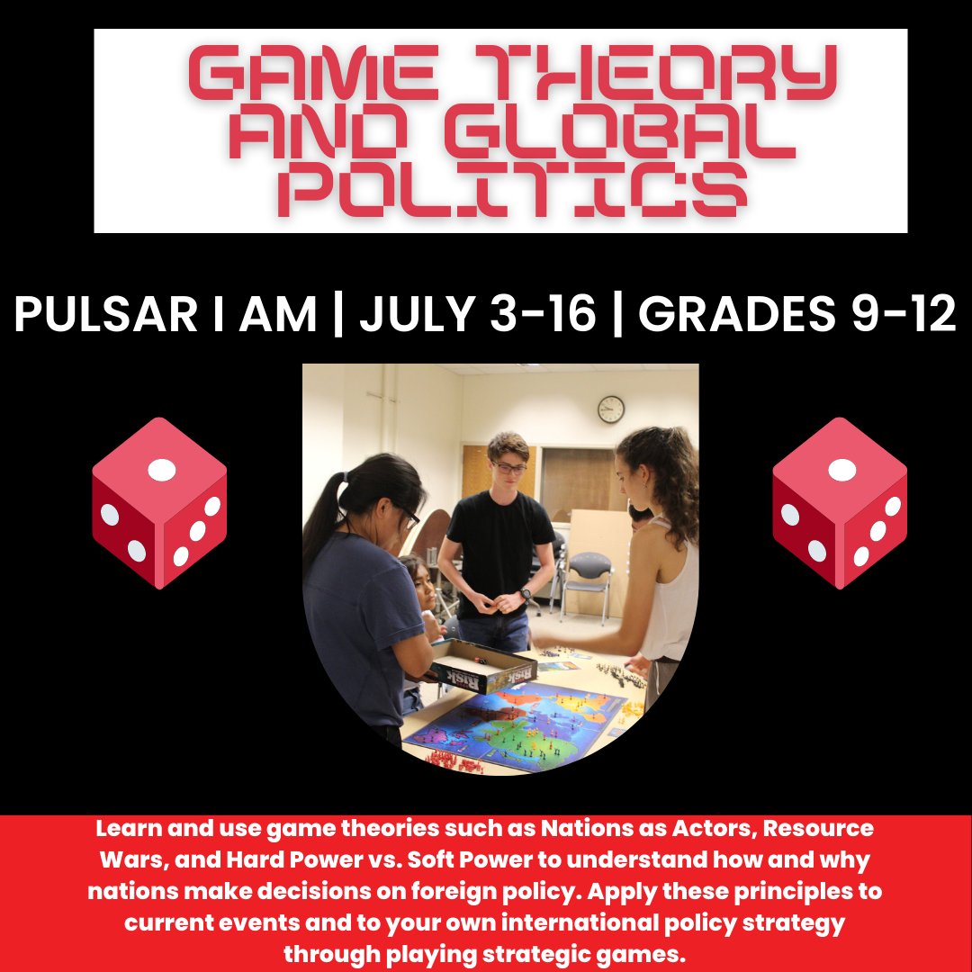 Summer Residential program registration is STILL OPEN! Why wait--register for AMAZING courses today! 

Today's featured courses are: 
"Physics Without Math? Well, almost." and "Game Theory and Global Politics"

 Read all about them at this link! education.purdue.edu/.../summer-res…