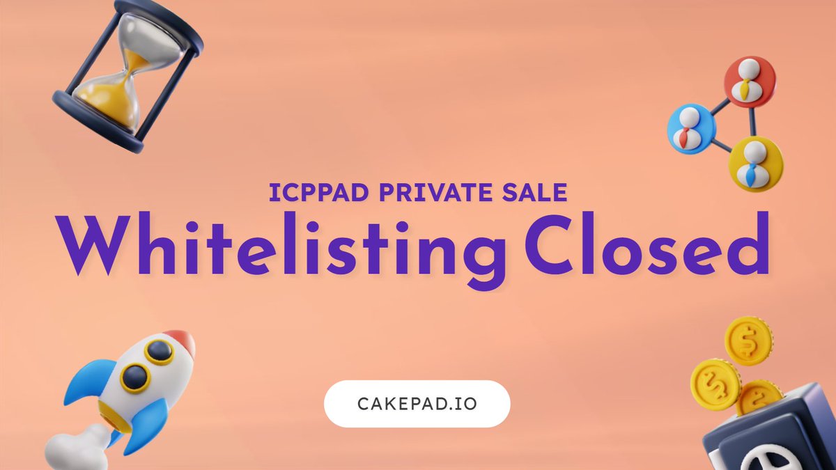 #ICPPAD Private Sale whitelisting Closed Now.

🔗Private Sale Pool 👉app.cakepad.io/project/icppad…

🕑Sale Start AT : 2022–04–30 17:00 UTC

🕑Sale End AT : 2022–05–01 15:00 UTC

💰Unsold Tokens will be go for Public Sale. Public pool will be open AT : 01 May, 2022 UTC 17:00 PM