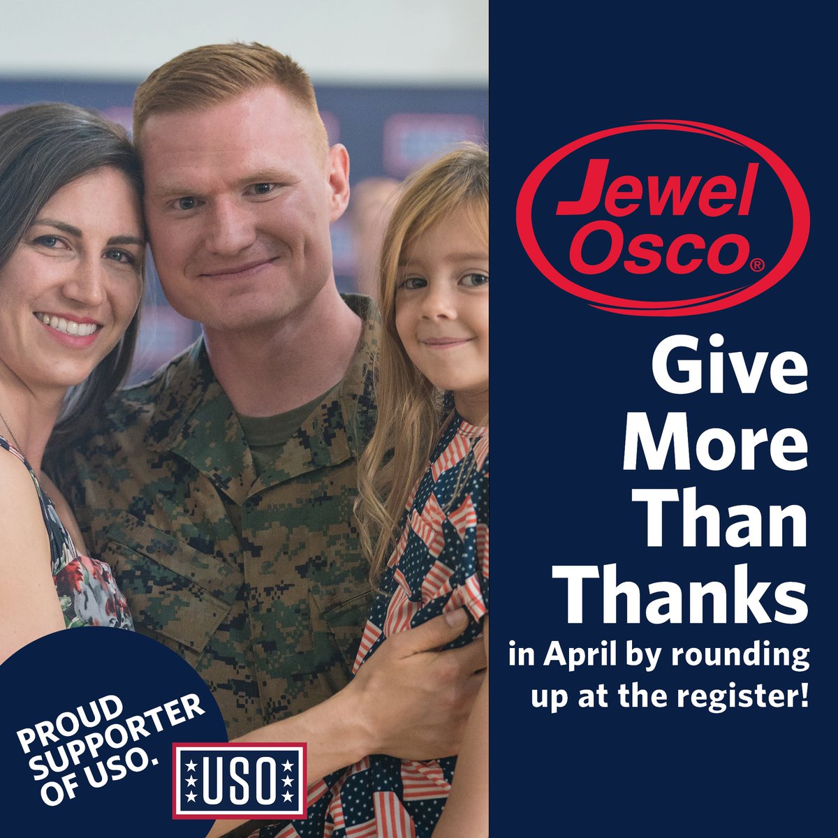 Tomorrow is your last day to round up at the register at one of the 188 participating <a href="/jewelosco/">Jewel-Osco</a>  locations! Find a location near you at Indiana.uso.org and then round up your grocery total at the register to support our nation’s military members. #ISupport #USO