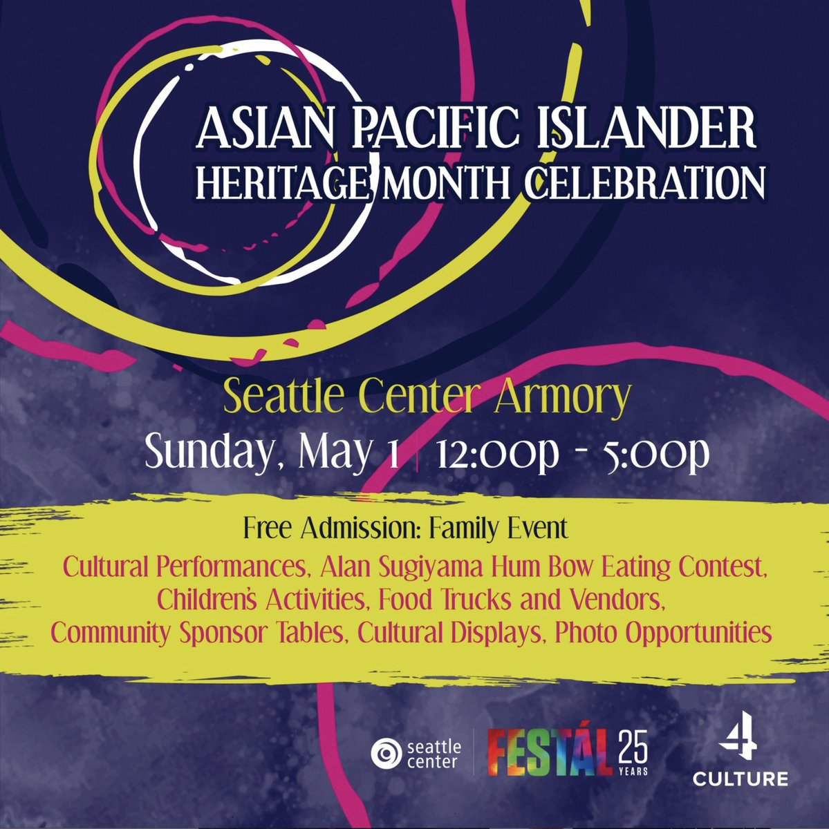 Kick off #AANHPI Heritage Month with the @apiheritage celebration at Seattle Center on May 1. Enjoy performances, activities, and food that showcase the showcases the culture, traditions, and history of Asian and Pacific Islander peoples and communities! apiheritage.com/schedule-2/?fb…