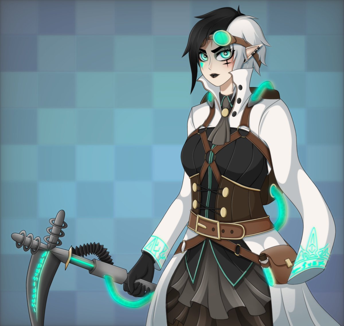 Doc_Malior's tweet image. I said I was making an AE OC, so here's Mortemia Letifer, or Mia for short!

Mia is one of the Magiscientists, a faction created by @Sgt_Chuckles which blends magic and science! Mia is a Necroscientist who summons undead minions, and a skeletal arm, to help her perform lab work.
