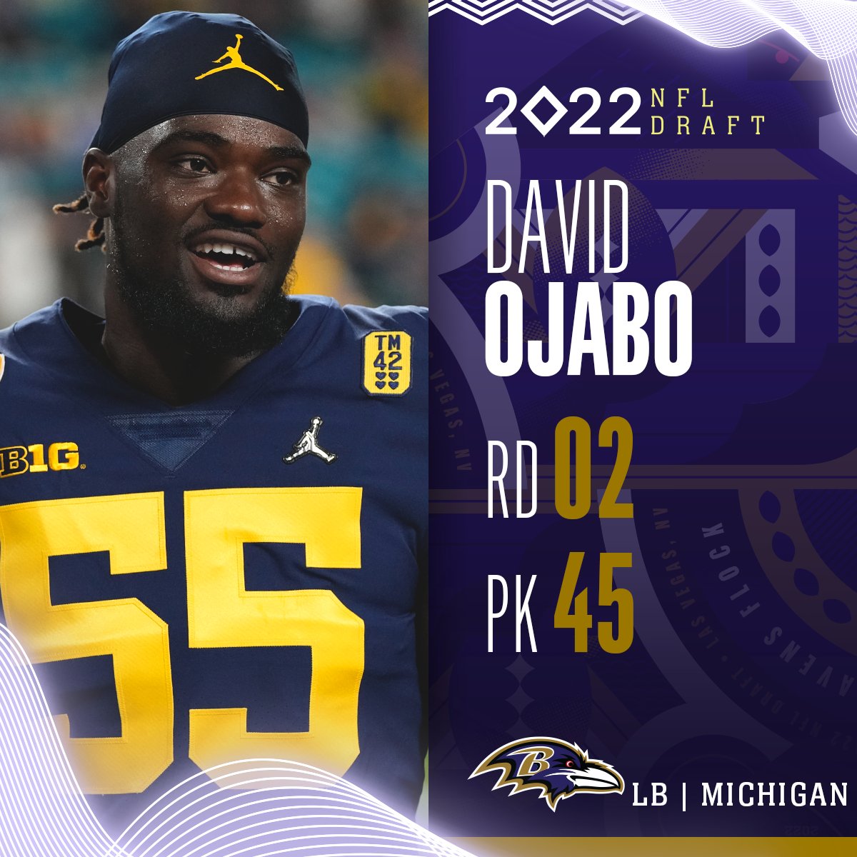 With the No. 45 overall pick in the 2022 <a href="/NFLDraft/">NFL Draft</a>, the <a href="/Ravens/">Baltimore Ravens</a> select David Ojabo! 

📺: 2022 #NFLDraft on NFLN/ESPN/ABC