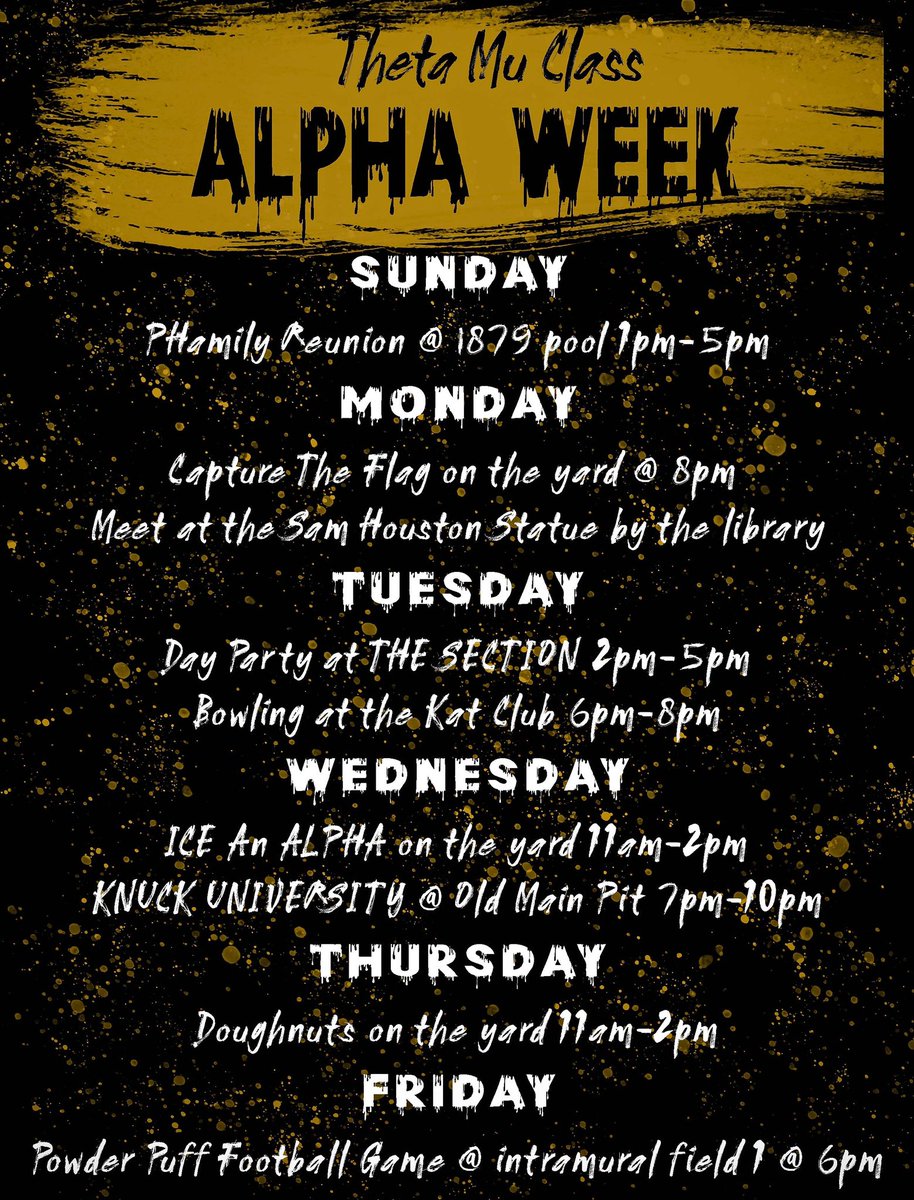ThetaMuAlphas's tweet image. 🚨PSA🚨

Ladies and gentleman Alpha Week is upon us this is not a drill!🦍 

Your favorite frat is back and we are giving you a week full of events for one week and one week only!😎 

We introduce to you our XXL Theta Mu class. Enjoy 

#SHSU
#KnuckUniversity
#AlphaWeek