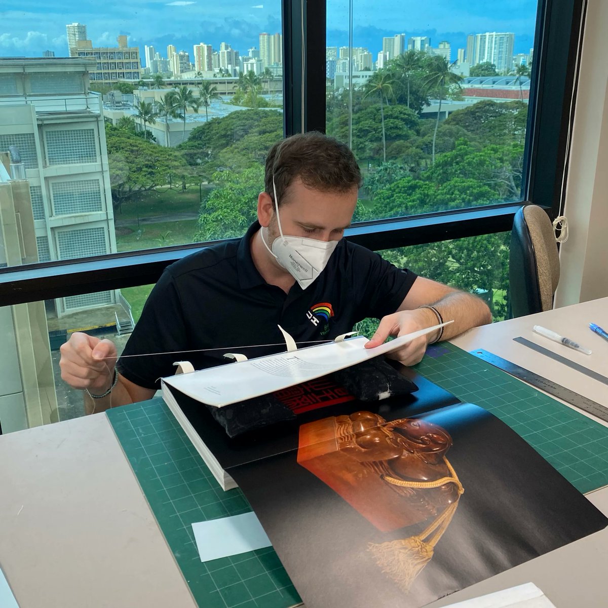 For #PreservationWeek, let's check-in with our Preservation Dept! Our staff stabilizes our collections so they can be used by our patrons. Here, our circulating collections conservator repairs this volume by stabilizing the broken text-block and reattaching the front cover.