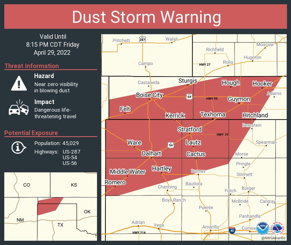 zachstanford's tweet photo. ⚠️ A rare #DustStormWarning was just issued for parts of the Texas and Oklahoma panhandles as a wall of dust moves into Boise City.
📳 Dust Storm Warnings activate Wireless Emergency Alerts on nearby mobile devices like Tornado Warnings and AMBER Alerts do. #OKwx #PHwx #IPAWS https://t.co/iej1dDwVbv