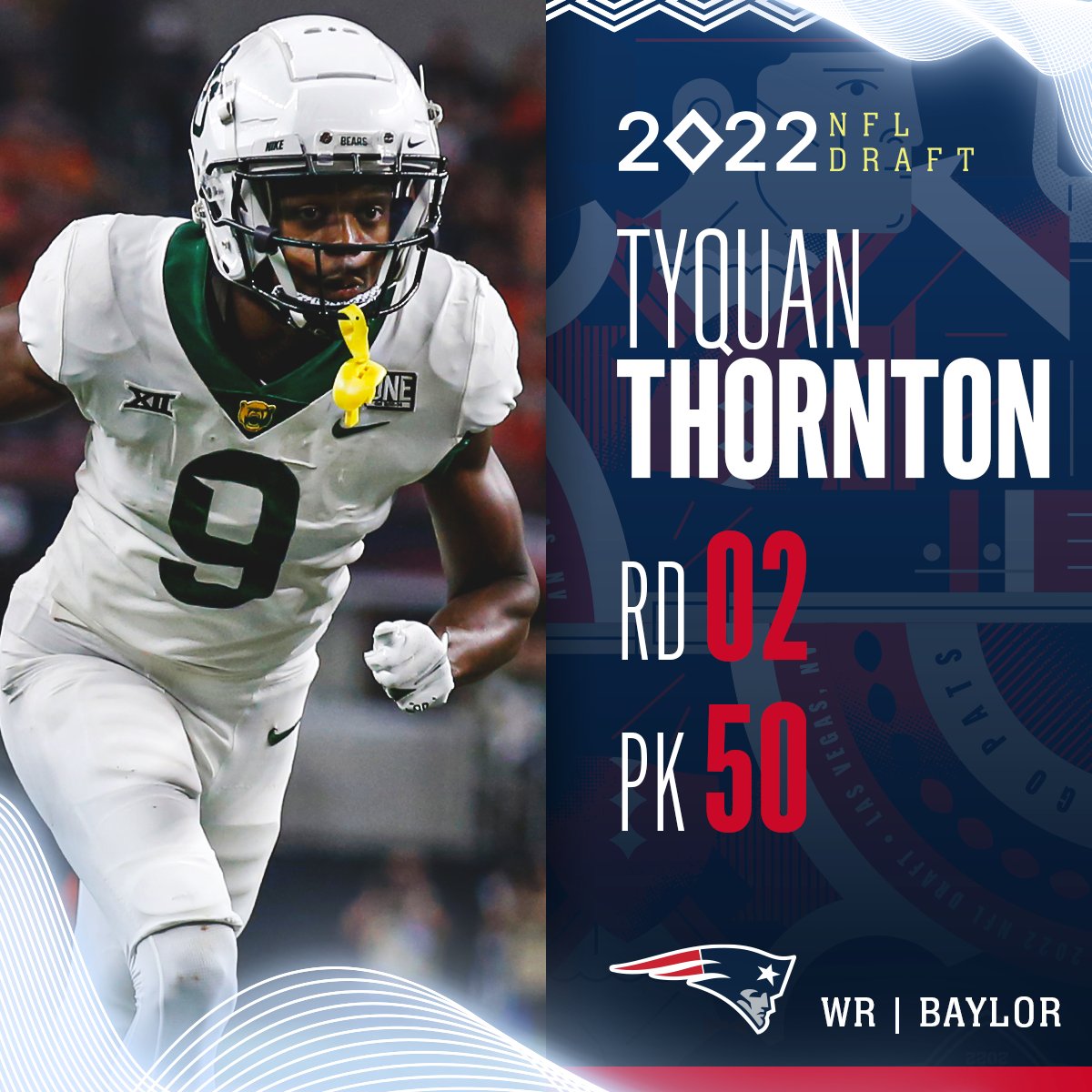 NFL's tweet photo. With the No. 50 overall pick in the 2022 @NFLDraft, the @Patriots select Tyquan Thornton! 

📺: 2022 #NFLDraft on NFLN/ESPN/ABC https://t.co/gsOSeKFLSb