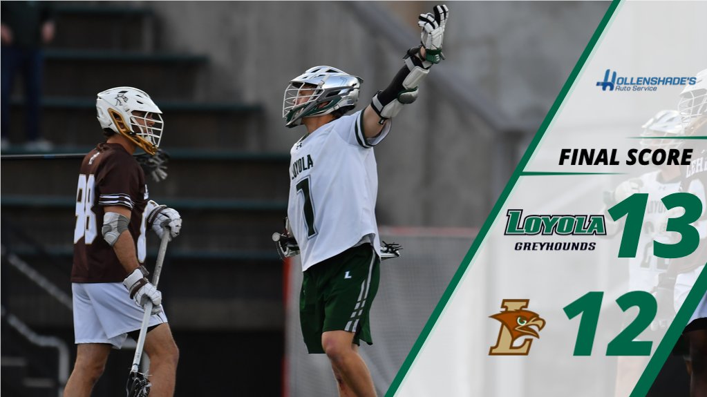 LoyolaMLAX's tweet photo. LINDLEY WINS IT IN OT!

FINAL presented by @hollenshades: @LoyolaHounds 13, Lehigh 12.

Lindley scores his fifth of the night on an extra-man assist from Olmstead who had 4 goals, 1 assist.

#gohounds | #patriotmlax | @Patriot_Gameday https://t.co/g0uBYJ4Foz