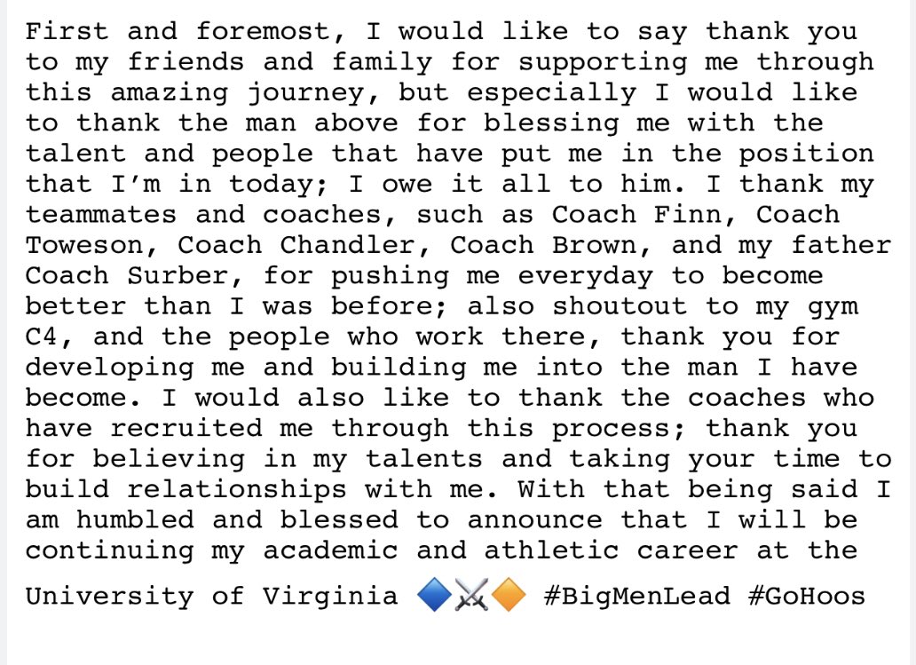 ColeSurber77's tweet photo. I am humbled and blessed to announce that I am 110% committed to playing at the University of Virginia 🔷⚔️🔶
 @Coach2J @Coach_TElliott @UVAFootball #BigMenLead #GoHoos 

@O51truck @FinnertySean @c4_training @PatriotPioneers @PatriotHS_FB @RivalsFriedman @BrianDohn247 https://t.co/g8p10lTtcx