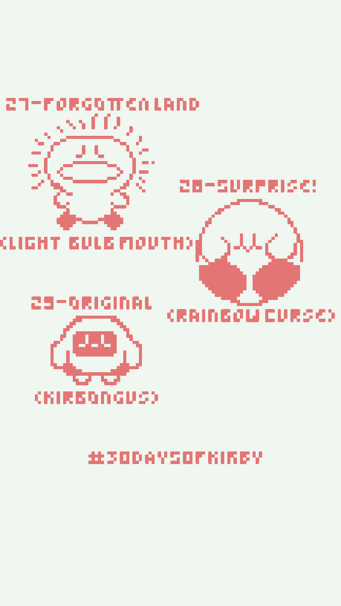 LEOTT_01's tweet photo. #30daysofkirby ! ! ! C: 
Day Twenty Seven: Forgotten Land (Light Bulb Mouth)
Day Twenty Eight: SUPRISE! (Rainbow curse cx)
Day Twenty Nine: ORIGINAL(AMONGUS) hehehe | #pixelart #Videogame #Monochrome #AmongUs #forgottenland https://t.co/tOGb5svLyZ