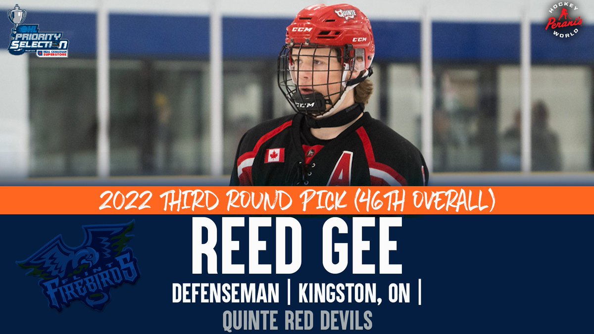 With the 46th overall pick in the <a href="/OHLHockey/">Ontario Hockey League</a> Priority Selection Draft, the Flint Firebirds are proud to select from the Quinte Red Devils, defenseman Reed Gee! #OHLDraft