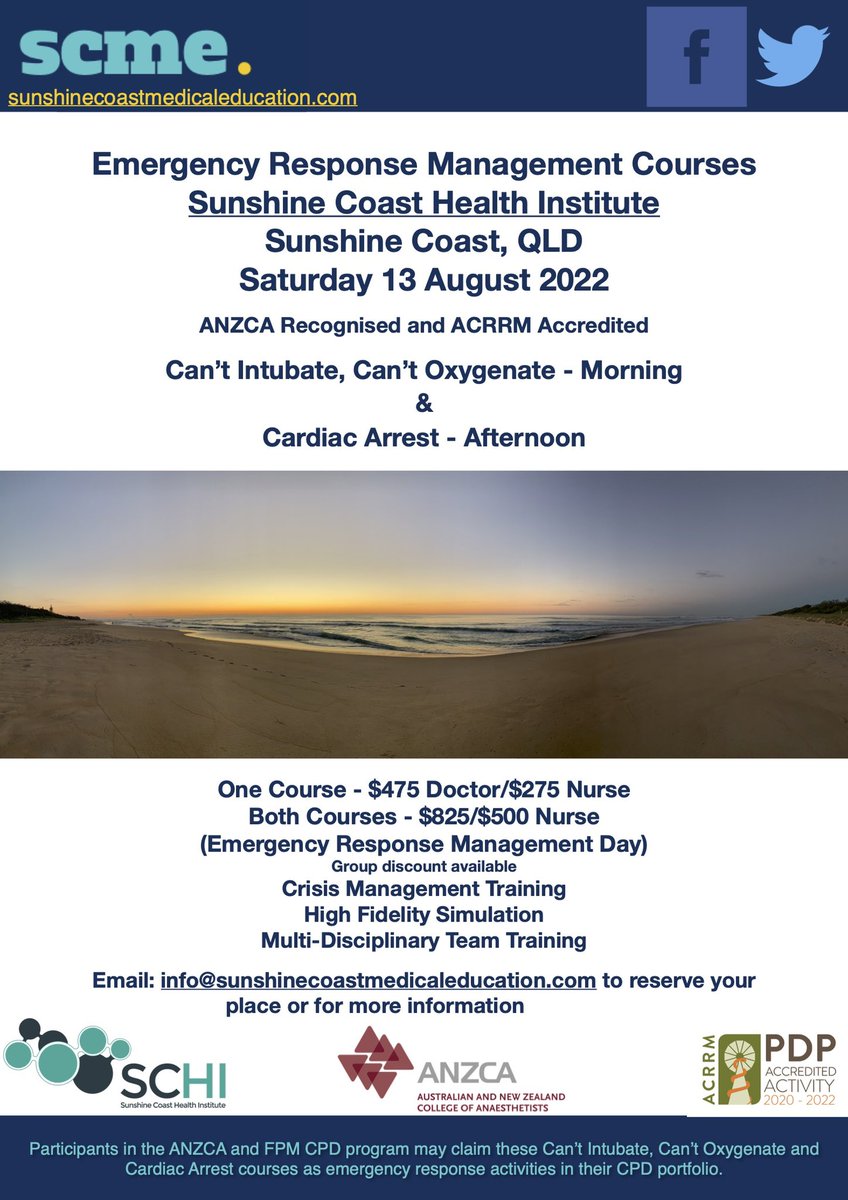 SunnyCoastMedEd's tweet image. 13th of August. We are back and delivering courses! ANZCA recognised and ACRRM accredited. Email us or visit our website to book/find out more. #multidisciplinarysimulation #teamtraining #CICO #cardiacarrest