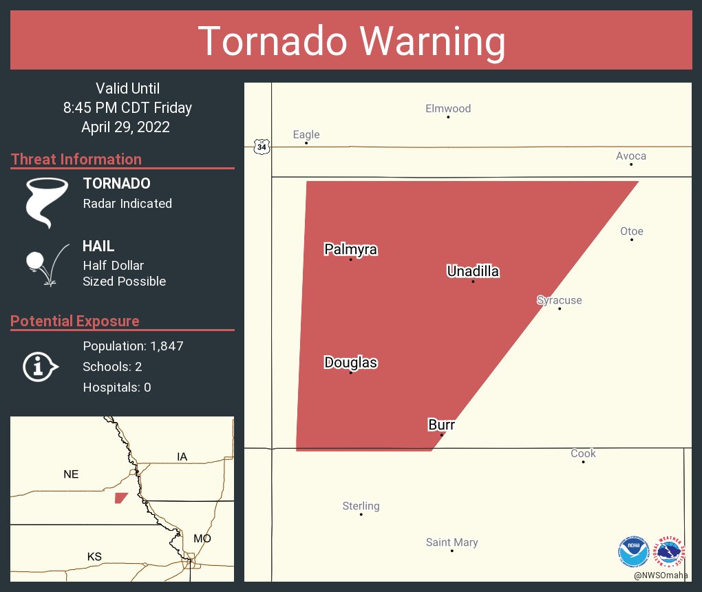 NWS Tornado on Twitter "Tornado Warning including Palmyra NE, Unadilla