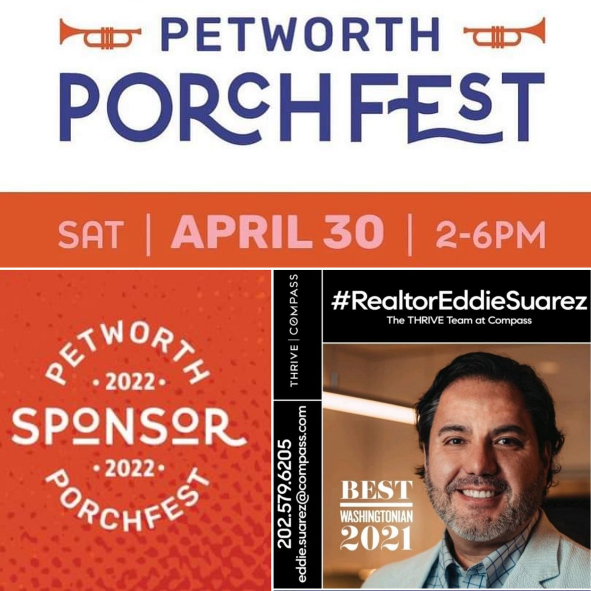 COUNTING THE HOURS DOWN TO THE START of #PetworthPorchFest on SAT 4/30 at 2PM!!!🎵🎸Map of host locations and a list of the talent here ➡️  @petworthporchfest .
THANKS to ALL the organizers, volunteers & collaborators! 
#RealtorEddieSuarez #PorchFestDC #PetworthDC
