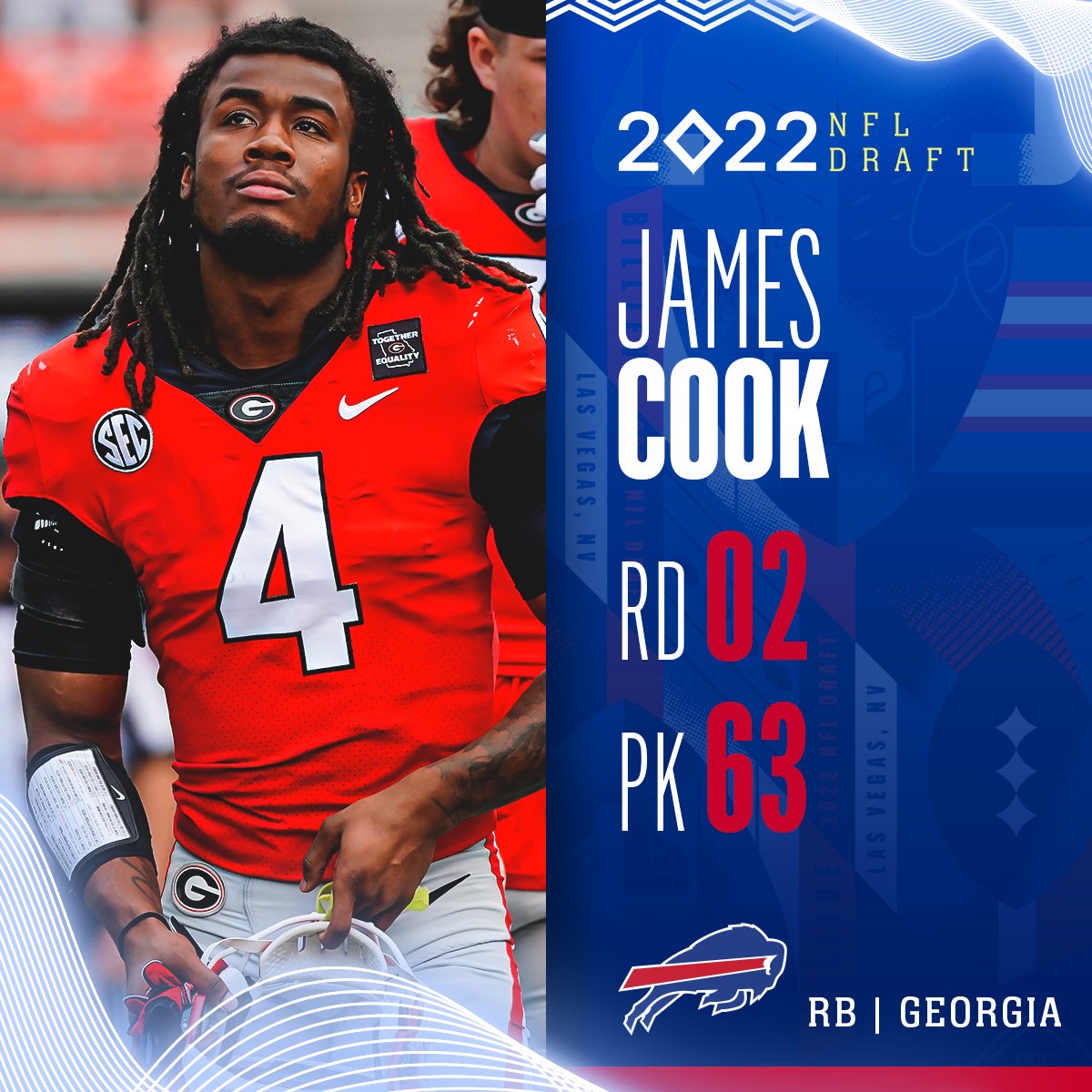 NFL's tweet photo. With the No. 63 overall pick in the 2022 @NFLDraft, the @BuffaloBills select RB James Cook! 

📺: 2022 #NFLDraft on NFLN/ESPN/ABC https://t.co/Oef9UD1NeG