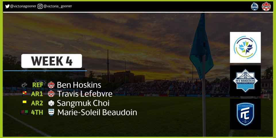VictoriaGooner's tweet photo. 🍁 #CanPL - Week 4
⚽️ @HFXWanderersFC 🆚️ @FCEdmontonNow
📅 April 30, 2022
🕒 15:00 AT
🏟 Wanderers Stadium - Halifax
#️⃣ #HFXvEDM
▪️ Ben Hoskins makes season debut after three appts in #CCCS22.
▪️ Marie-Soleil Beaudoin makes first CPL appt since 2019.
#TogetherFromAways #FCEd https://t.co/g0ikL5ArN7