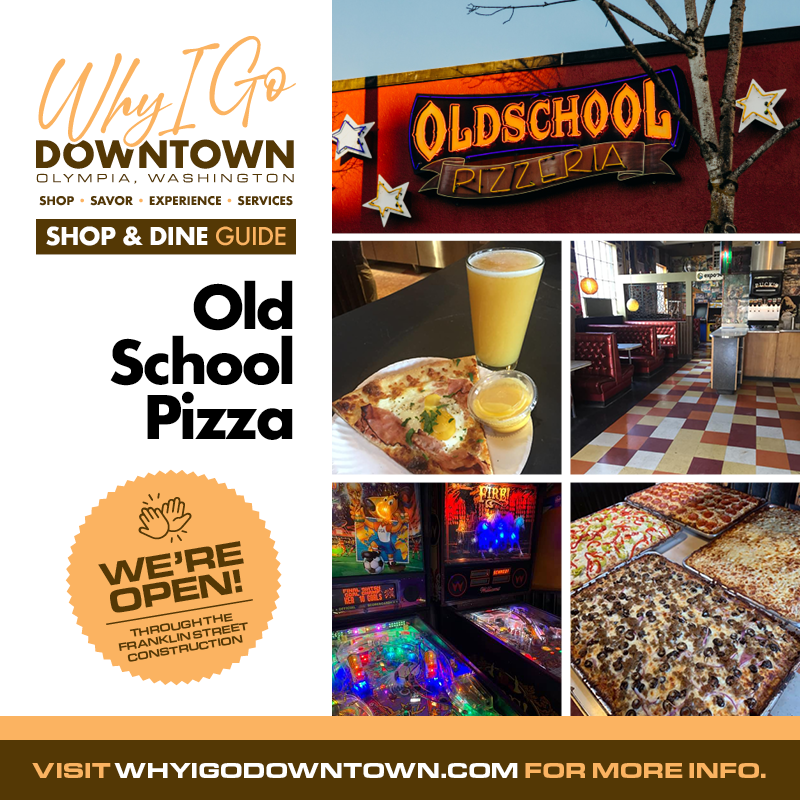 downtownolympia's tweet photo. The Old School Pizzeria is open during construction! Stop in for 🍕 by the slice, whole pies, salads, calzones, garlic knots, kombucha, soda and beer 🍻.
#WhyIGoDowntown #LoveOly #DecidedlyDifferent https://t.co/OXksQ8rnro