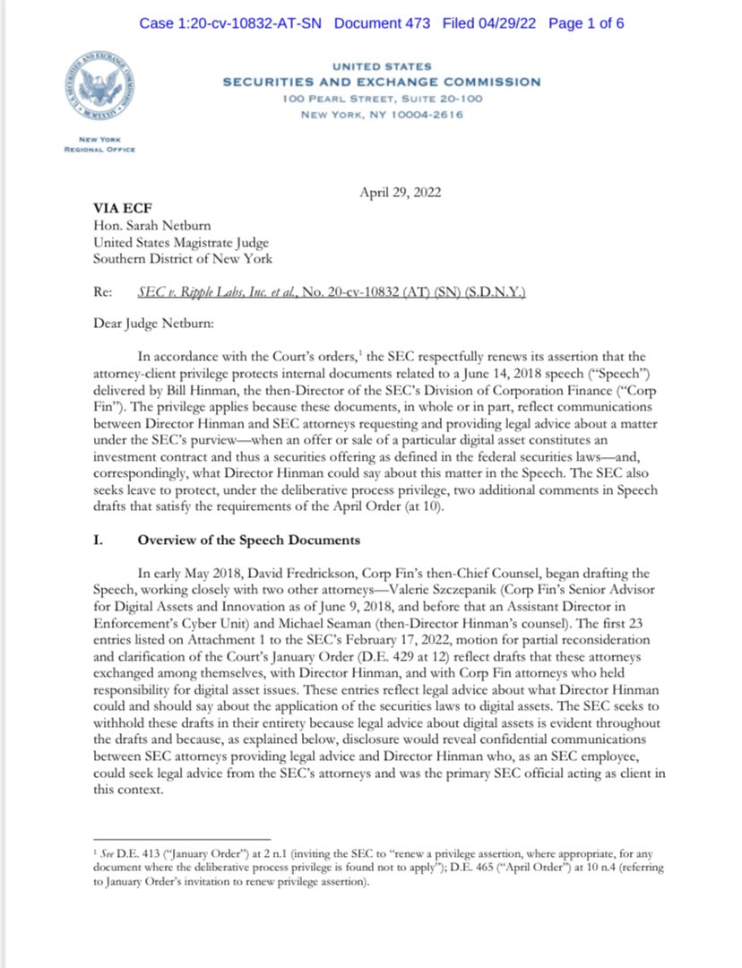 FilanLaw's tweet photo. #XRPCommunity #SECGov v. #Ripple #XRP The SEC has filed a letter motion asserting the attorney-client privilege in connection with the Hinman speech. https://t.co/nTxlOEFLzF