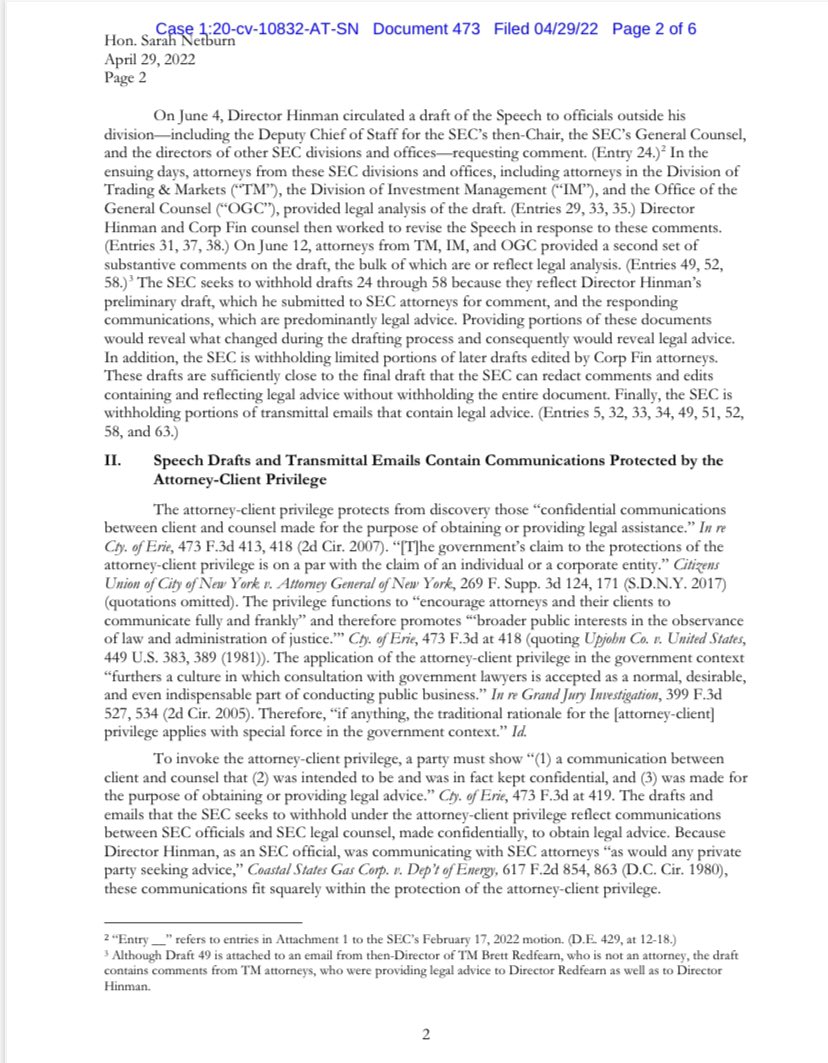 FilanLaw's tweet photo. #XRPCommunity #SECGov v. #Ripple #XRP The SEC has filed a letter motion asserting the attorney-client privilege in connection with the Hinman speech. https://t.co/nTxlOEFLzF