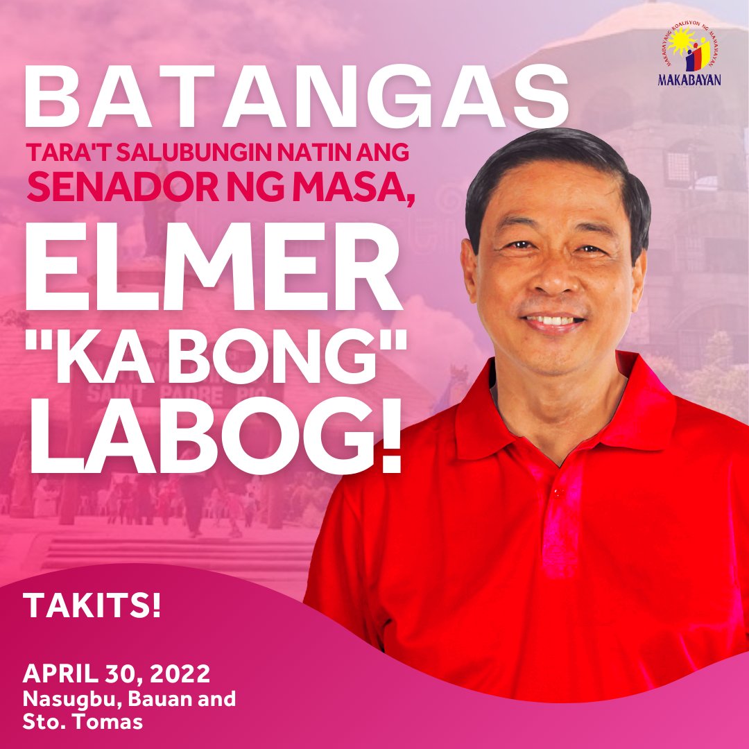 Bago ang Mayo Uno parine muna tayo rito sa Batangas! 

Takits tayo! 

#37LABOGsaSenado 
#BATANGASisPINK 
#BarakoParaKinaLENIKIKO
#Makabayan4LeniKiko
#MakabayangPagbabago2022