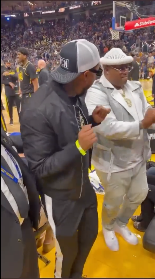 StudioDcn's tweet photo. okay @jamaltrulove we see you rocking the #DCNS trucker hat and big steppn with @E40 at the @warriors playoff game! 🔥🏀🙌 make sure to go check out @thebayapes they doing big things! ⚡️⚡️⚡️ https://t.co/5mBtcZrGAs