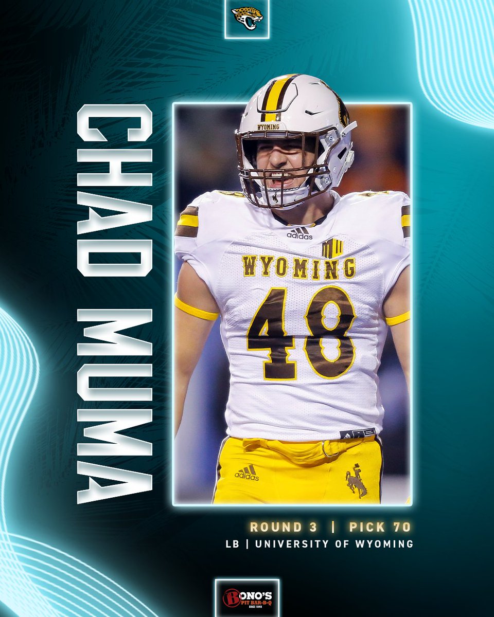 Jacksonville Jaguars (@jaguars) on Twitter photo With the 70th pick in the 2022 NFL Draft, the Jacksonville Jaguars select University of Wyoming LB Chad Muma.
<a href="/BonosBBQ/">Bono's BBQ</a> | #DUUUVAL With the 70th pick in the 2022 NFL Draft, the Jacksonville Jaguars select University of Wyoming LB Chad Muma.
<a href="/BonosBBQ/">Bono's BBQ</a> | #DUUUVAL