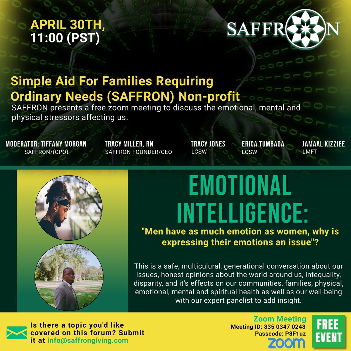 saffrongiving's tweet photo. SAFFRON presents Zoom Meeting “Emotional Intelligence: Men have as much emotion as women, why is expressing their emotions an issue” Meeting ID: 835 0347 0248 Passcode: P8F1uz #saffron #saffrongiving #charity #nonprofit #mentalhealth #ourtraumasmatter #onelove❤️🧡💛 https://t.co/9xqTUz20Ew